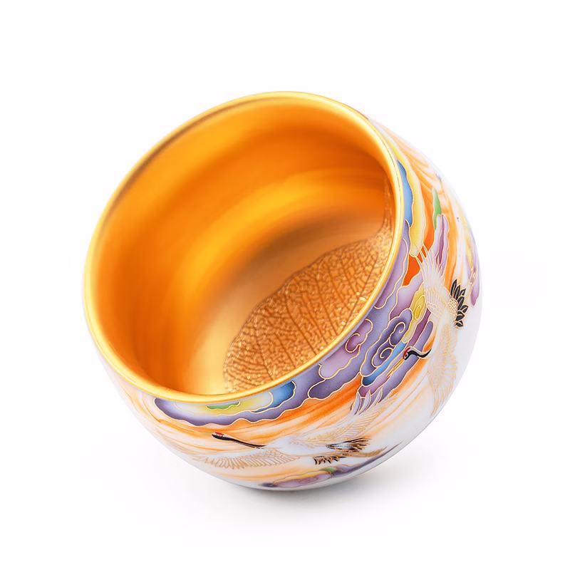 Golden-Crane-jian-zhan-tenmoku-tea-cup-1.jpg Colorful Cranes Tea Cup - Image 1