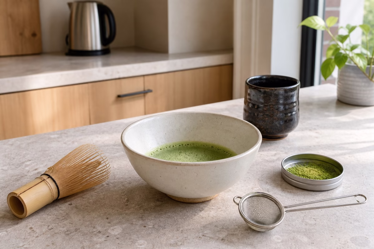 Homemade matcha with a bamboo whisk and dark handmade ceramic cup in a bright modern kitchen