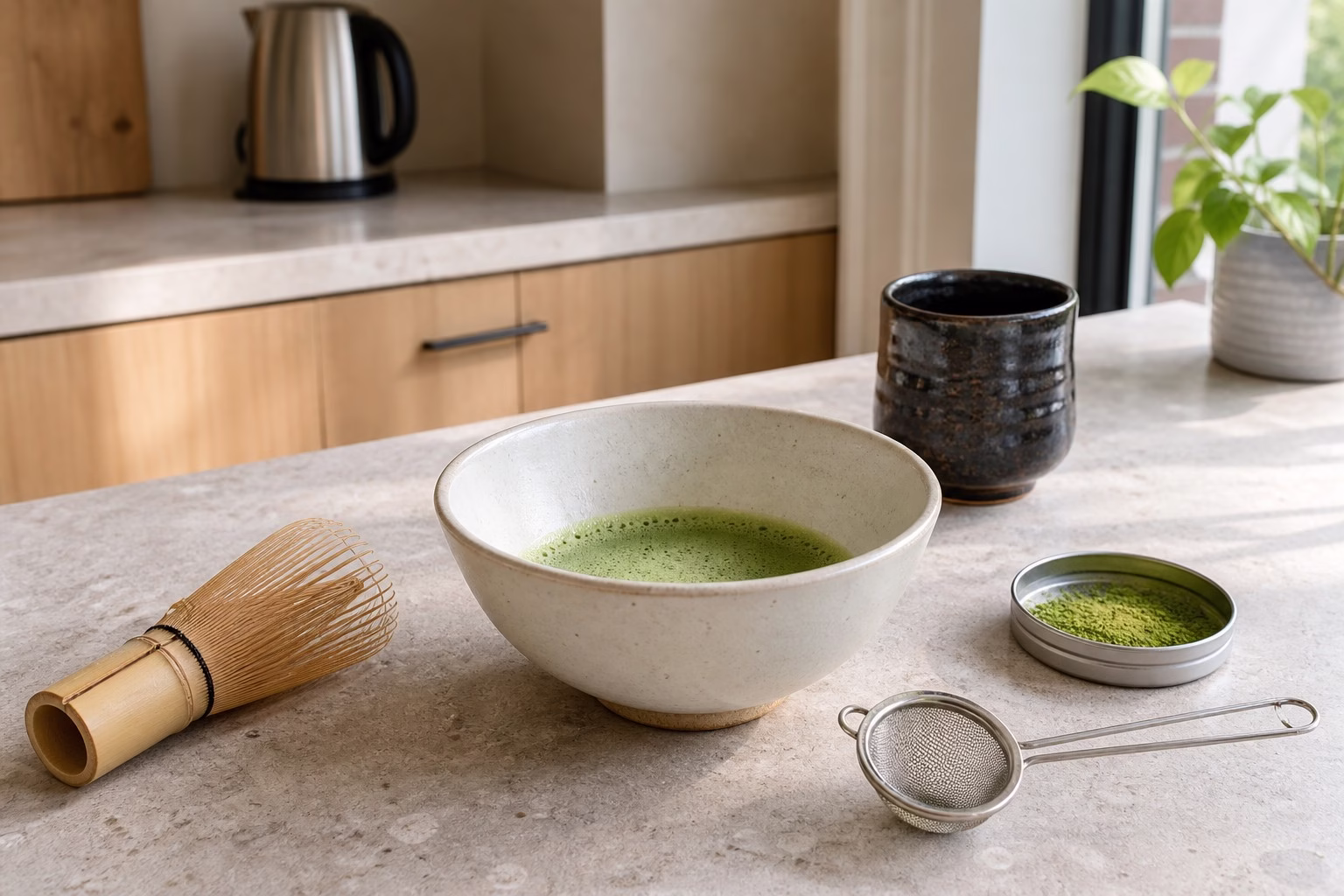 Homemade matcha with a bamboo whisk and dark handmade ceramic cup in a bright modern kitchen