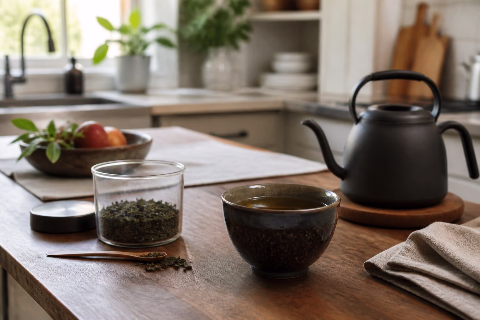Loose leaf tea beside a handmade dark-glazed cup and kettle in a sunlit modern kitchen