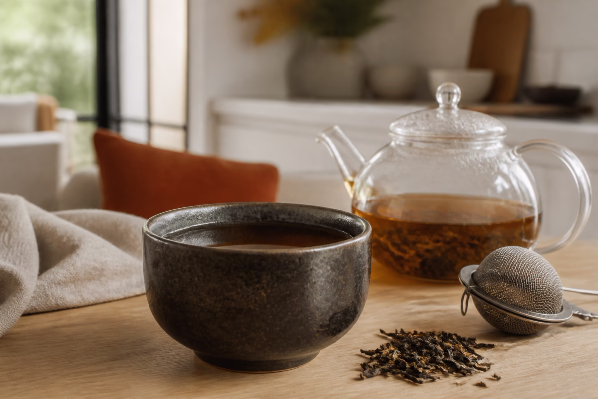 Amber loose leaf tea in a dark handmade ceramic cup beside a glass teapot in a warm modern home