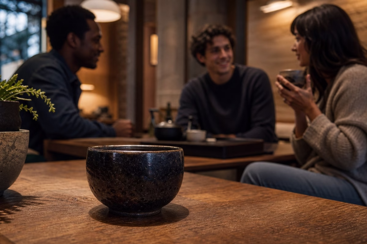 A dark-glazed ceramic tea cup on a wood table as three friends talk in a warmly lit modern tea lounge