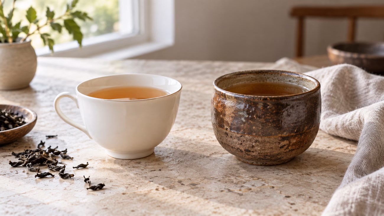 White porcelain and dark glazed stoneware tea cups filled with amber tea on a stone table beside linen and loose tea leaves