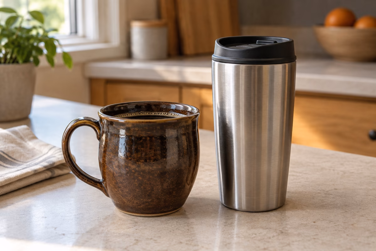 Dark-glazed ceramic coffee mug beside a stainless steel travel mug on a sunlit kitchen counter