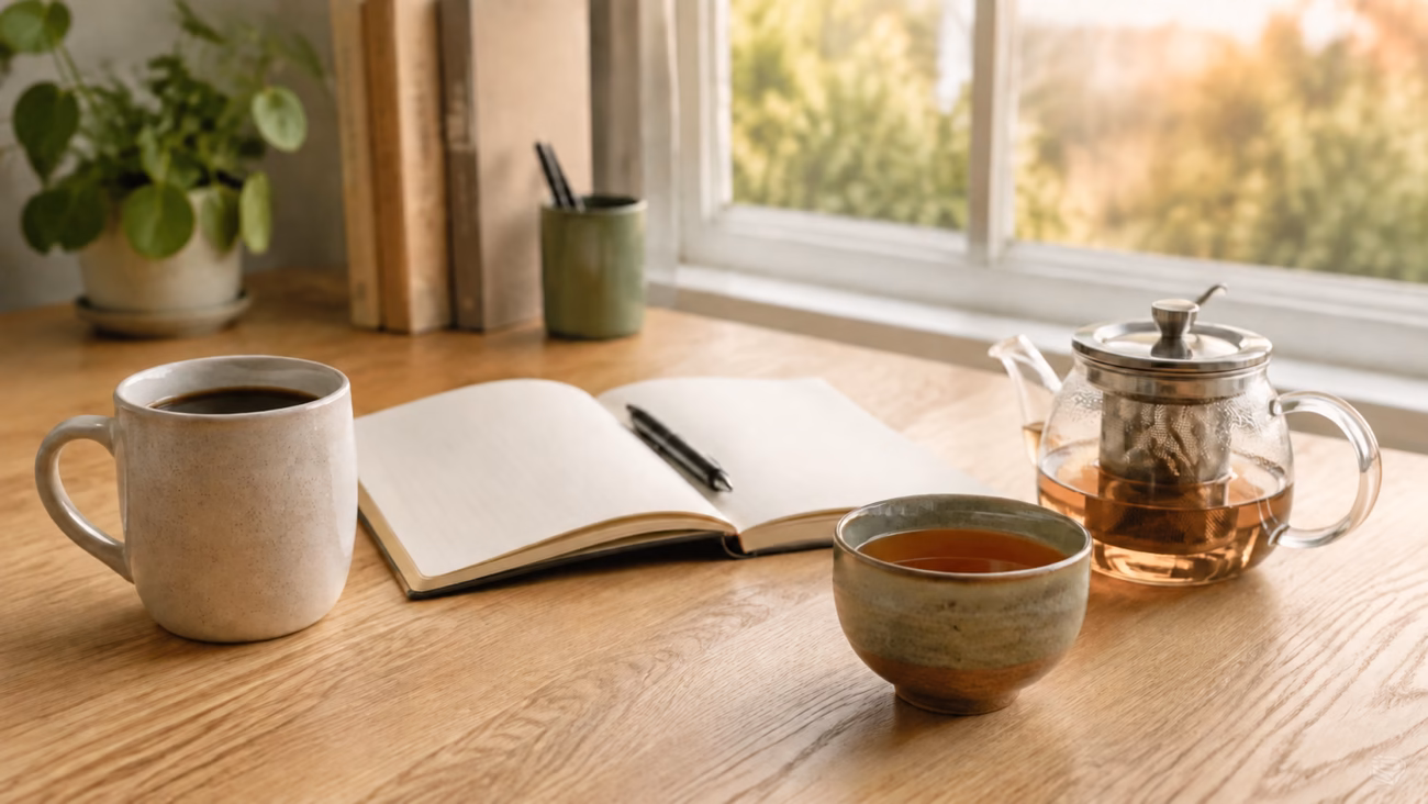 Coffee mug, tea cup, glass teapot and open notebook on a sunlit wooden table
