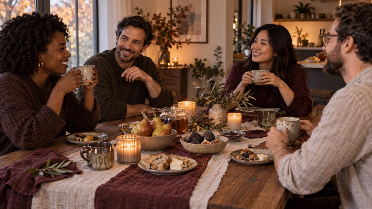 Four friends sharing tea around a warm fall dinner table with mixed ceramic cups, pears and candles