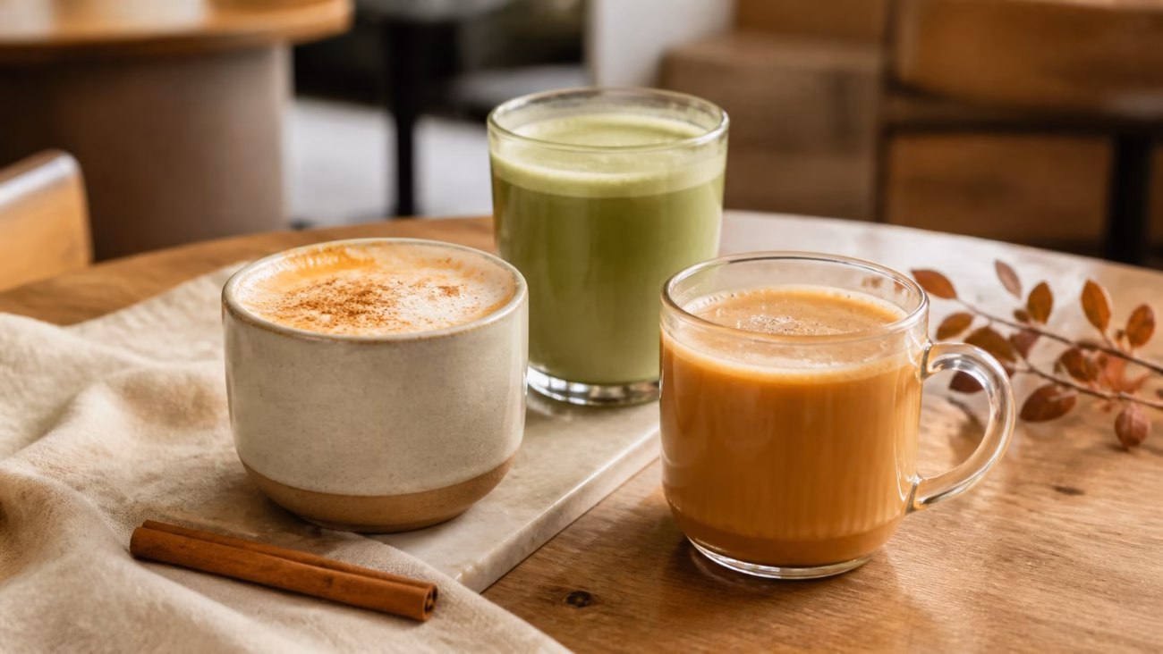 Pumpkin spice, matcha and chai drinks on a modern café table in fall