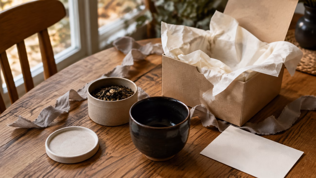 Dark-glazed ceramic tea cup beside loose leaf tea, a gift box, ribbon and blank card on a wooden table