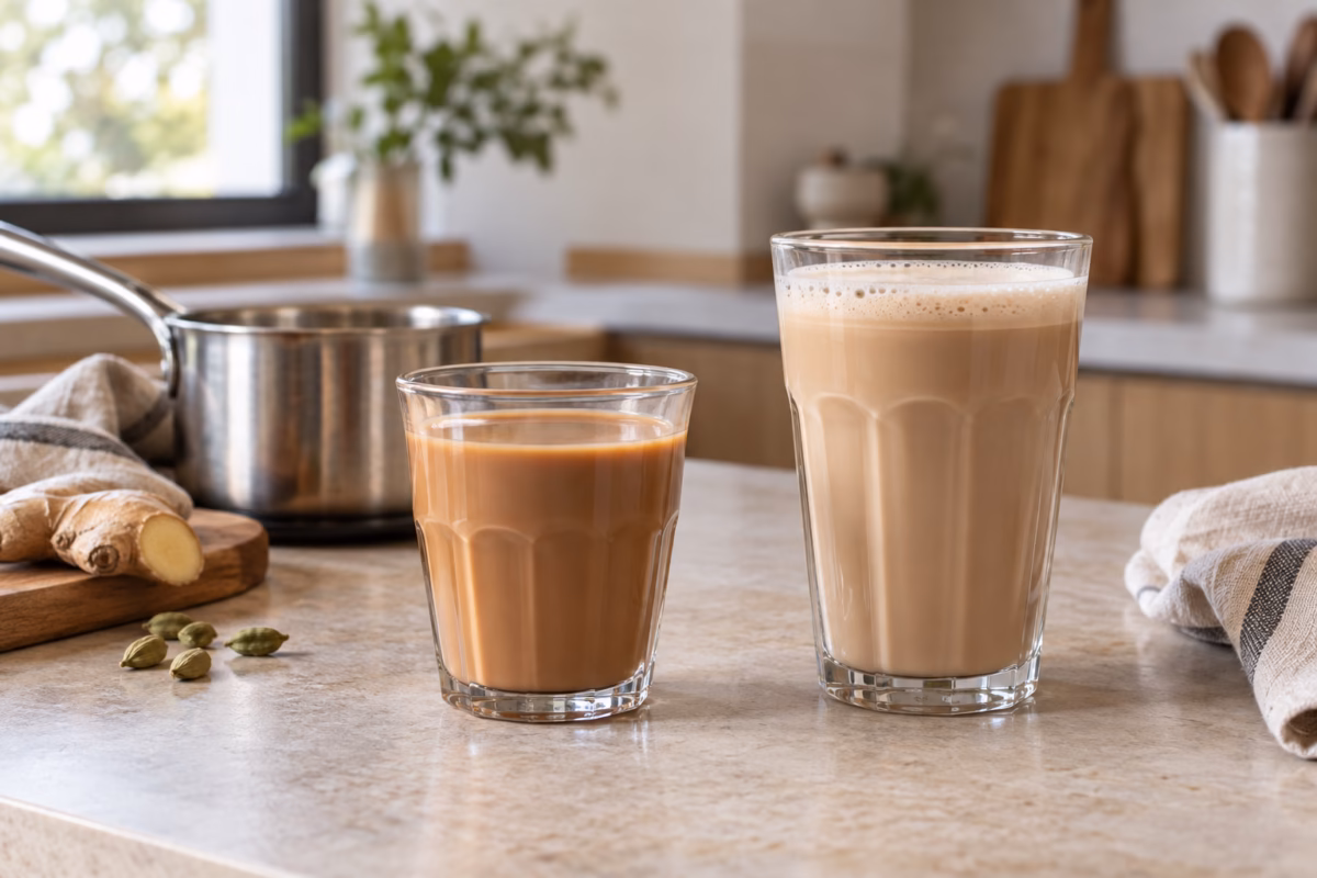 A small glass of masala chai beside a taller foamy chai latte, with a saucepan, ginger and cardamom on a sunlit kitchen counter