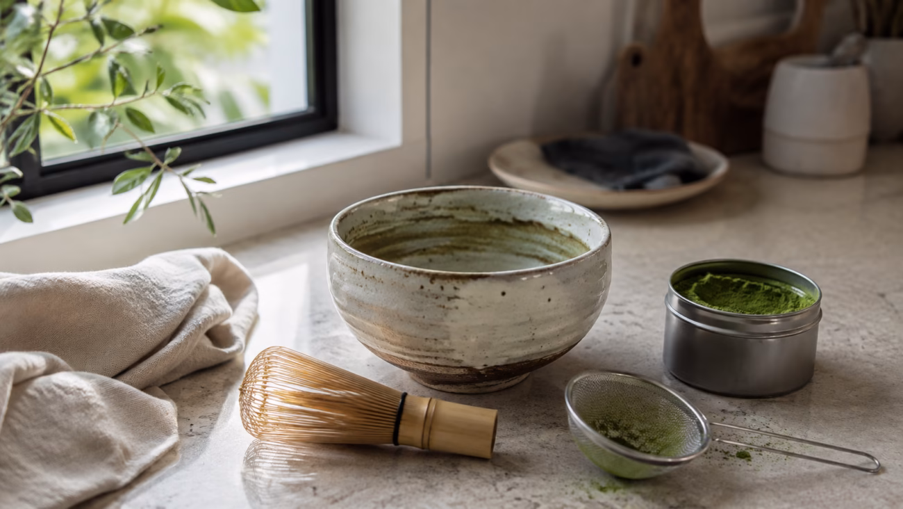 Handmade matcha bowl, bamboo whisk, sifter and matcha powder on a modern kitchen counter
