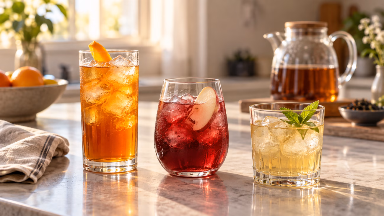 Three iced tea mocktails with orange peel, an apple slice, and mint on a sunlit kitchen counter