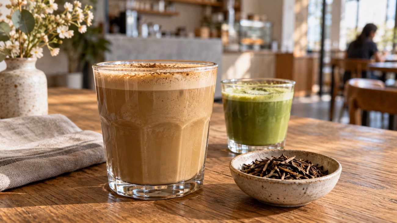 Hojicha latte with roasted Japanese green tea beside a matcha drink in a modern café