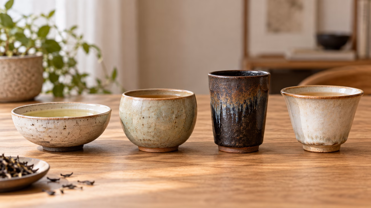 Wide, rounded, tall and flared ceramic tea cup shapes arranged side by side