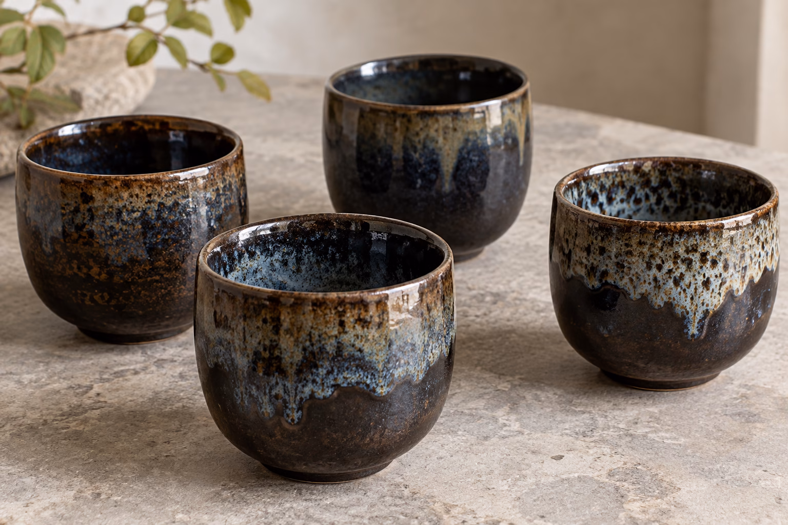 Four ceramic cups with varied dark brown and blue reactive glaze patterns on a stone table